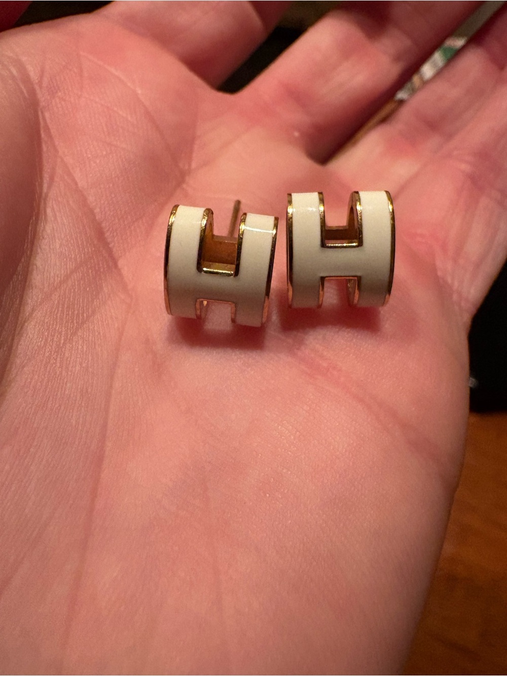 White and Gold Hermes  'H' Hoop Earrings -